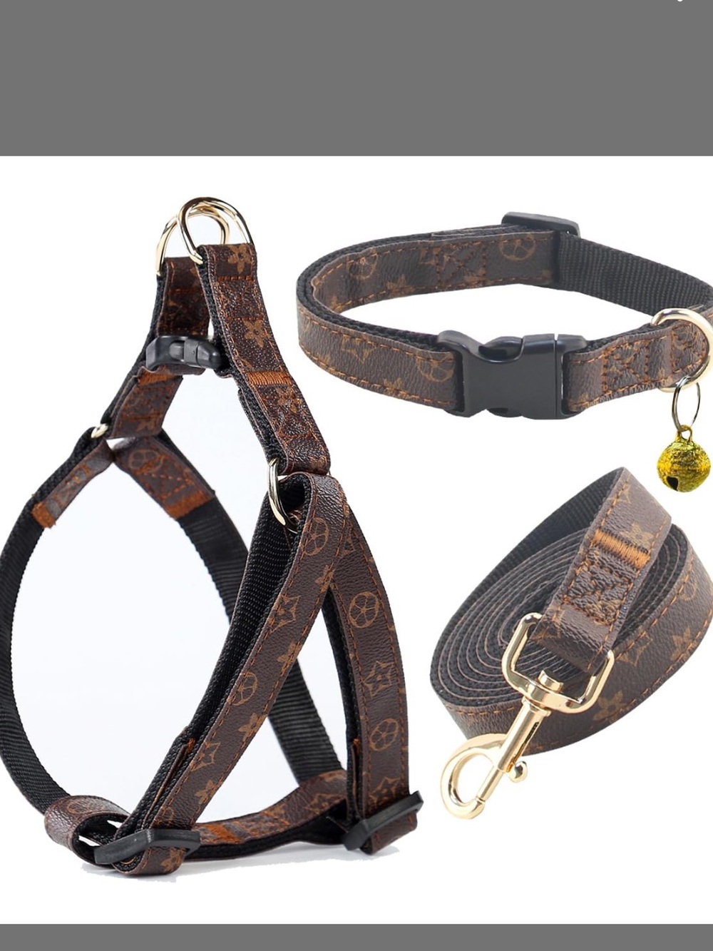 Brown Monogram Pet Harness, Collar & Leash Set